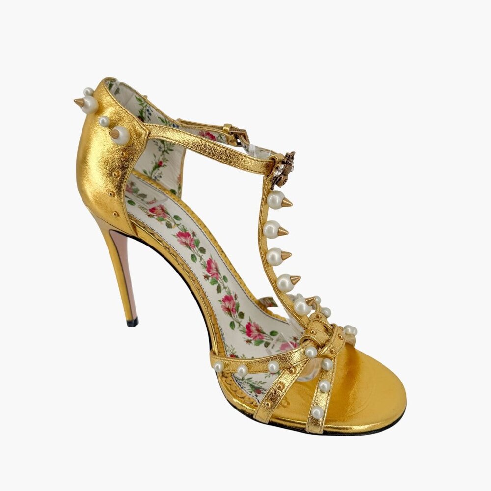 Gucci Regina Metallic Gold Pearl Studded T-Strap Heels Bee GG Size 37.5 US 7.5 - Picture 12 of 15